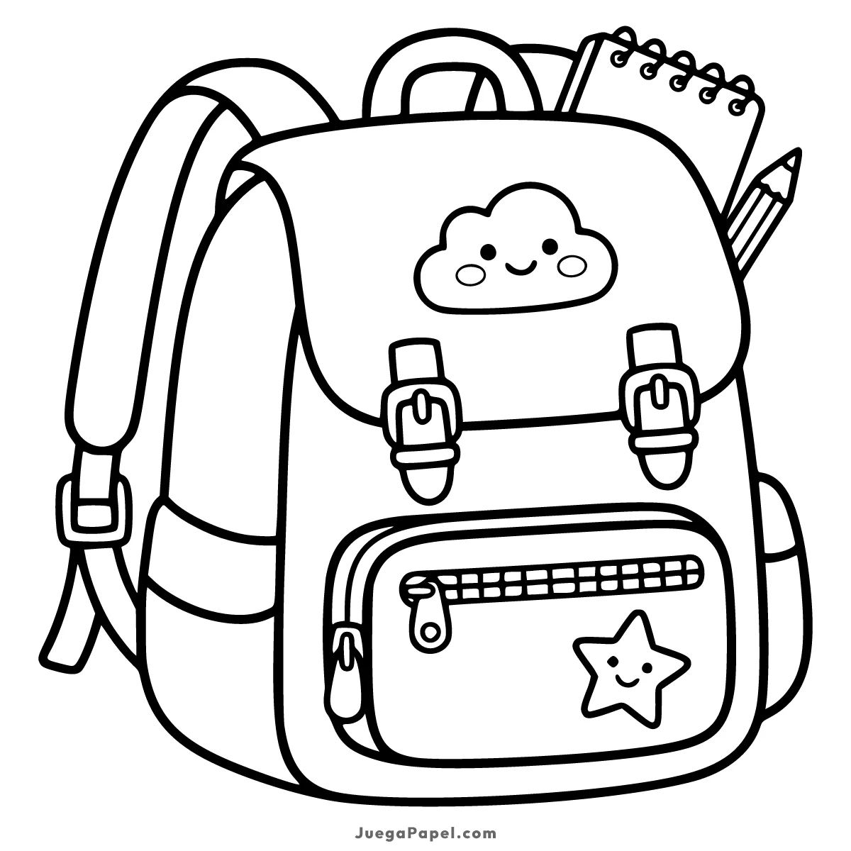 Dibujo para colorear e imprimir de Mochila Escolar Kawaii con Útiles