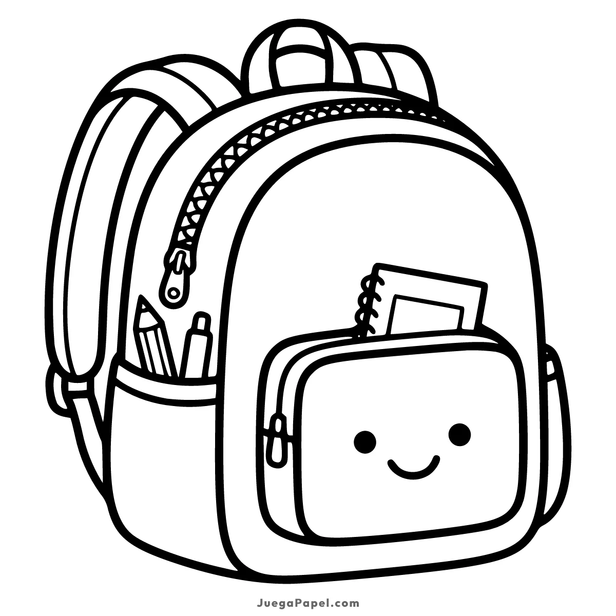 Dibujo para colorear e imprimir de Mochila Escolar Kawaii con Útiles