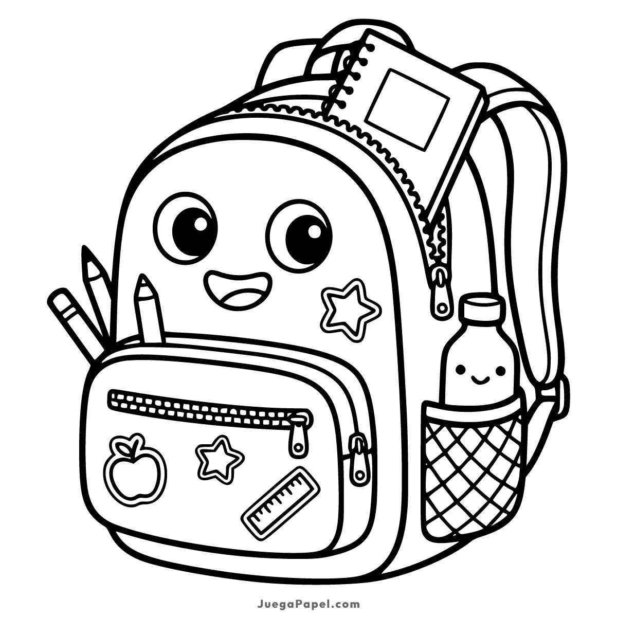 Dibujo para colorear e imprimir de Mochila Escolar Kawaii con Útiles