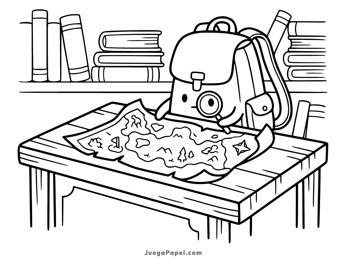 Dibujo para colorear e imprimir de Mochila Exploradora analizando un mapa