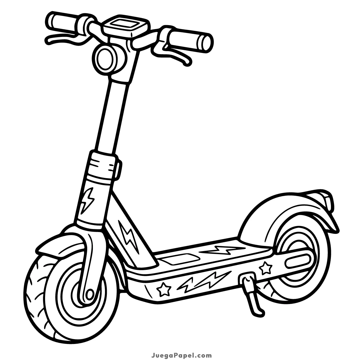 Dibujo para colorear e imprimir de Moderno Patinete Eléctrico con Rayos y Estrellas