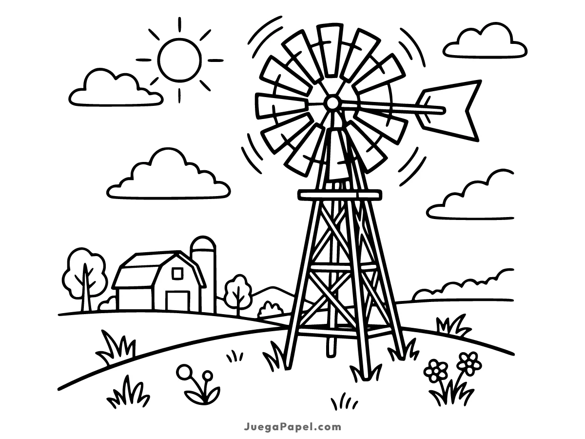 Dibujo para colorear e imprimir de Molino de Viento en la Granja