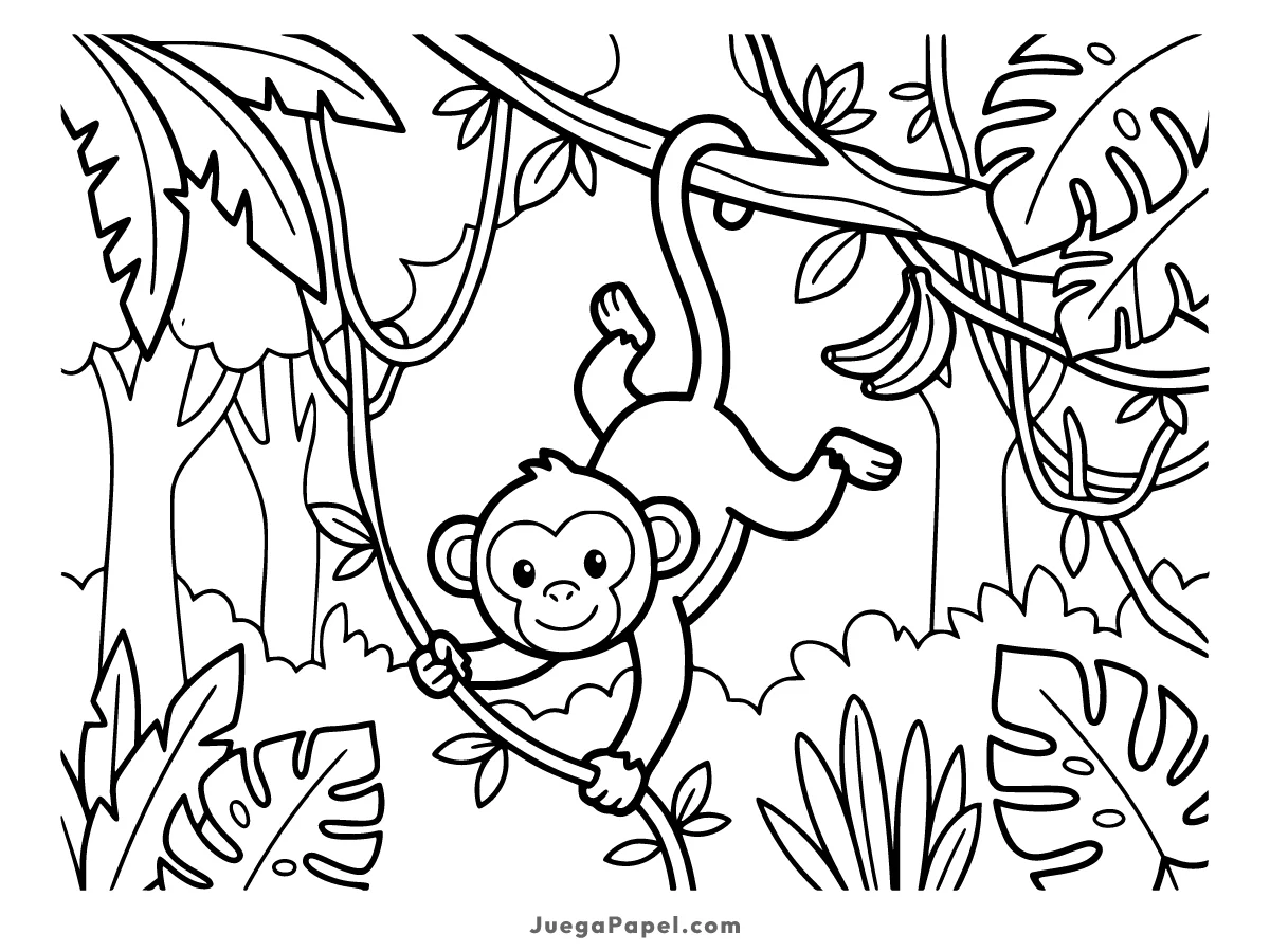 Dibujo para colorear e imprimir de Mono Columpiándose en la Selva