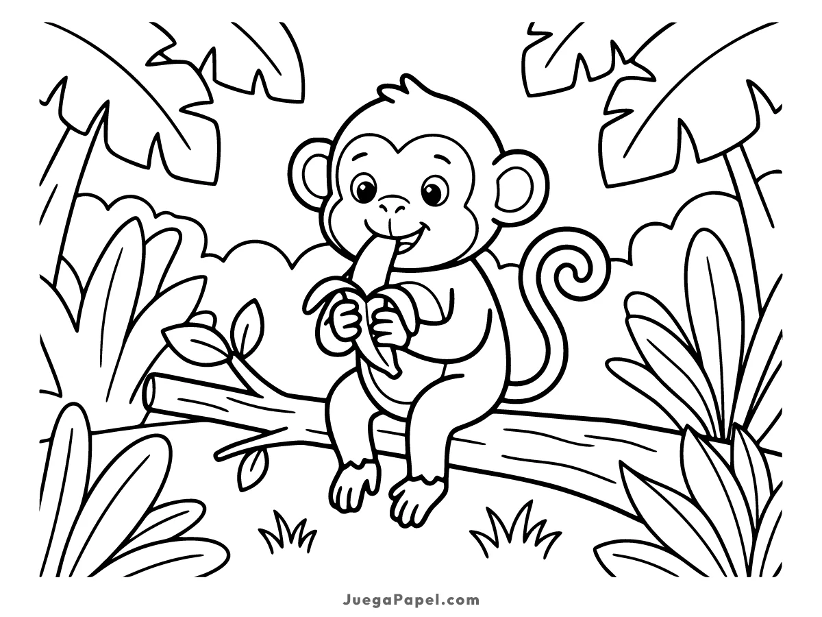 Dibujo para colorear e imprimir de Mono Comiendo Plátano