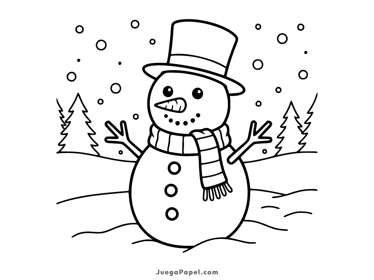 Dibujo para colorear e imprimir de Muñeco de Nieve Con Sombrero de Copa