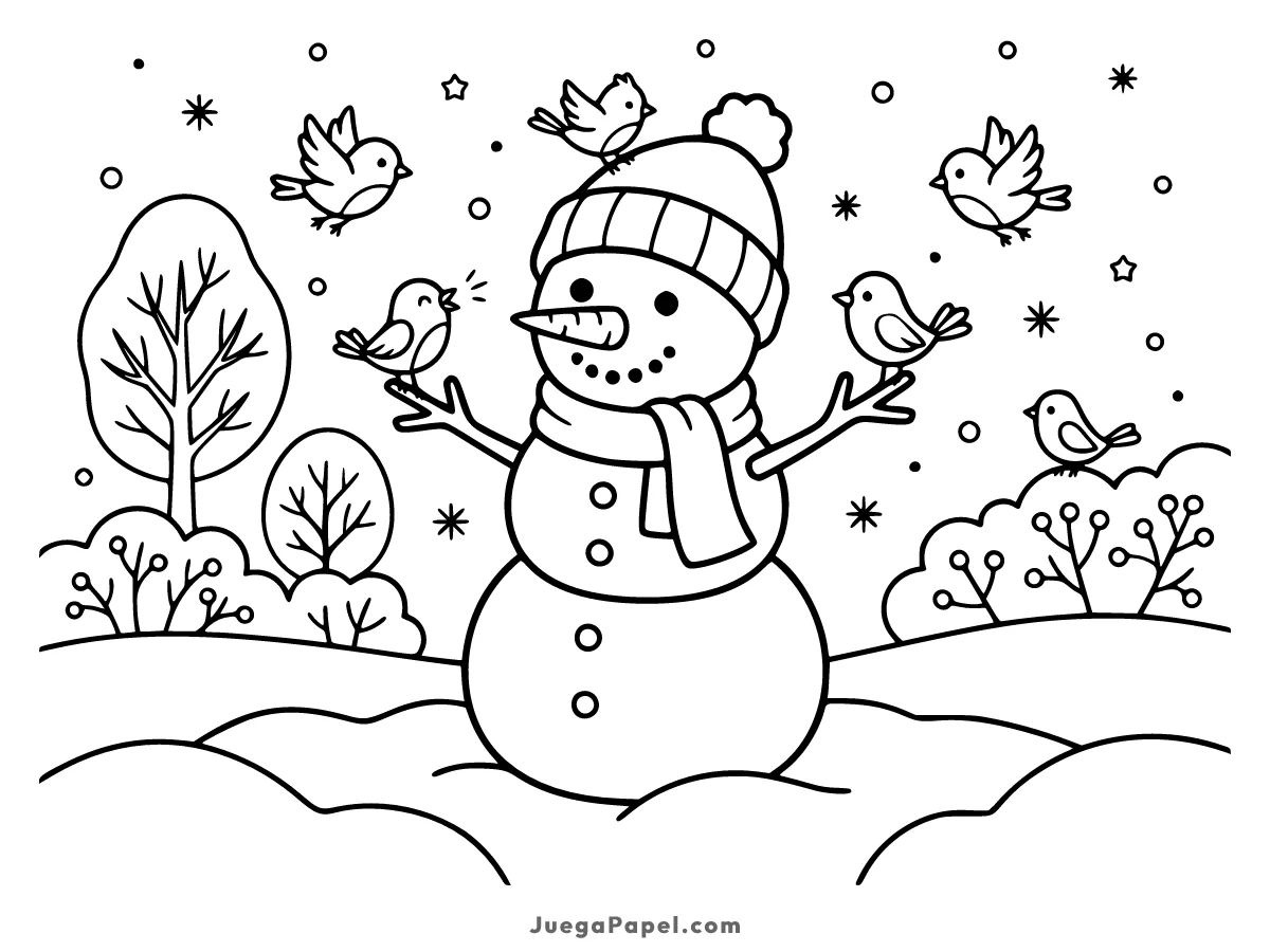 Dibujo para colorear e imprimir de Muñeco de Nieve y Pájaros