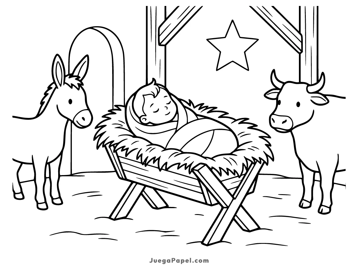 Dibujo para colorear e imprimir de Nacimiento Del Niño Jesús Con Animales