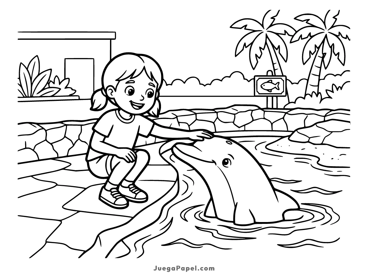 Dibujo para colorear e imprimir de Niña Acariciando a un Delfín