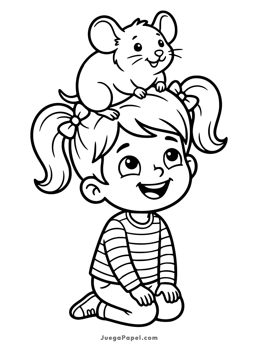 Dibujo para colorear e imprimir de Niña Alegre con su Rata en la Cabeza
