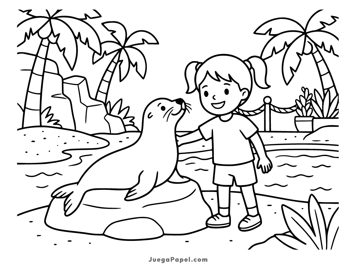 Dibujo para colorear e imprimir de Niña con una foca en el zoo