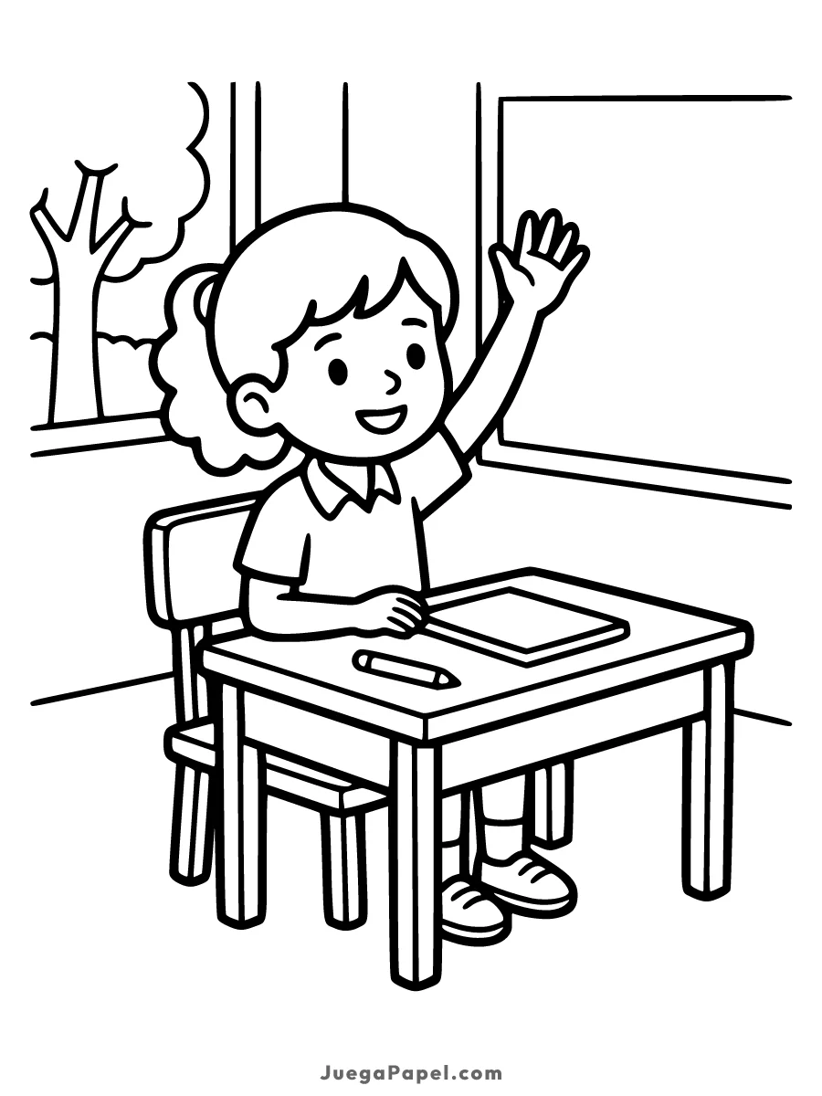 Dibujo para colorear e imprimir de Niña en Clase Levantando la Mano