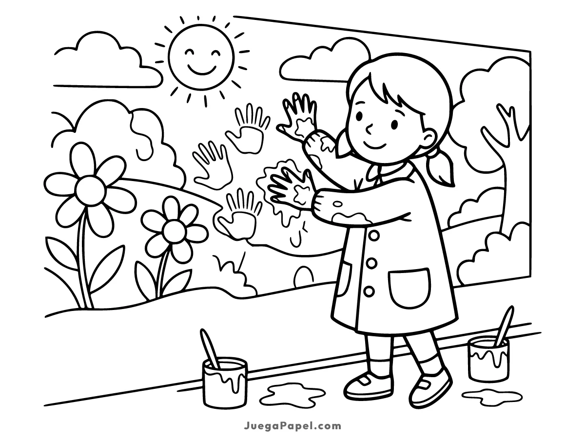 Dibujo para colorear e imprimir de Niña Pintando Mural con las Manos
