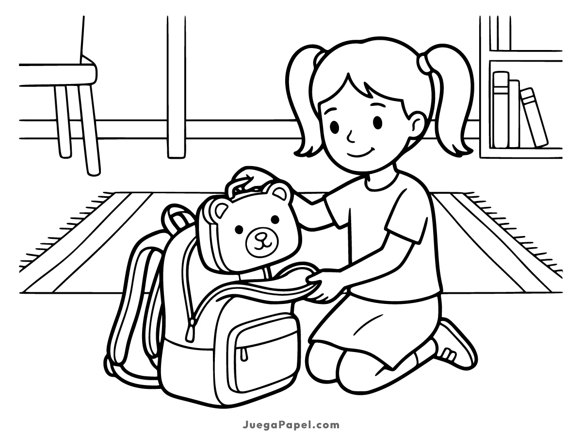 Dibujo para colorear e imprimir de Niña Preparando Mochila Escolar
