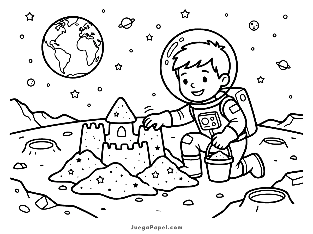 Dibujo para colorear e imprimir de Niño Astronauta haciendo un castillo en la luna