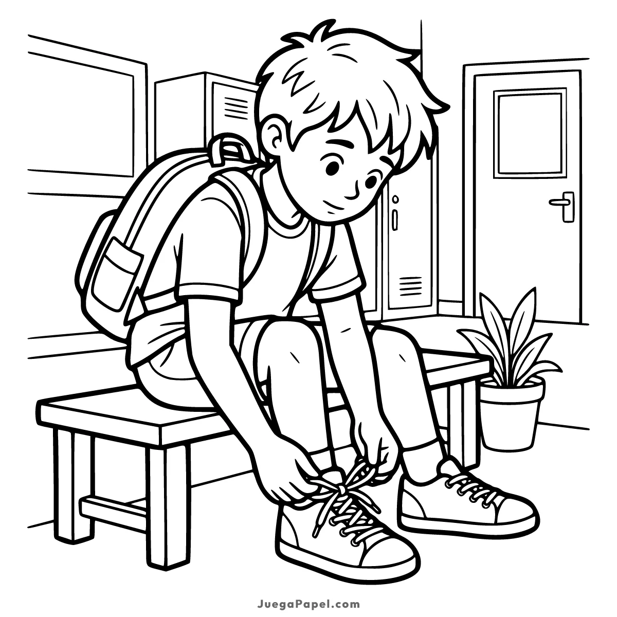 Dibujo para colorear e imprimir de Niño Atando las Zapatillas