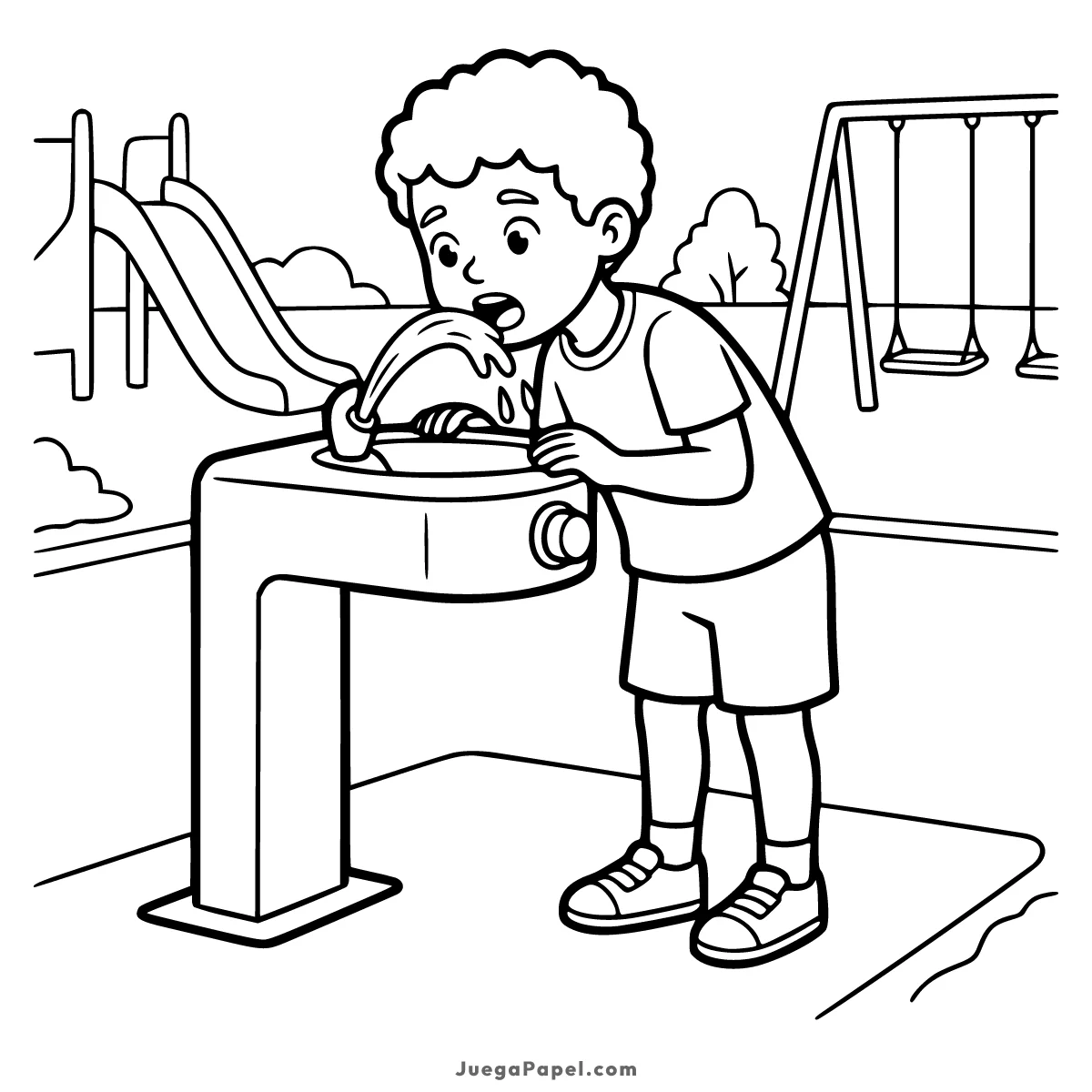 Dibujo para colorear e imprimir de Niño Bebiendo Agua de una Fuente