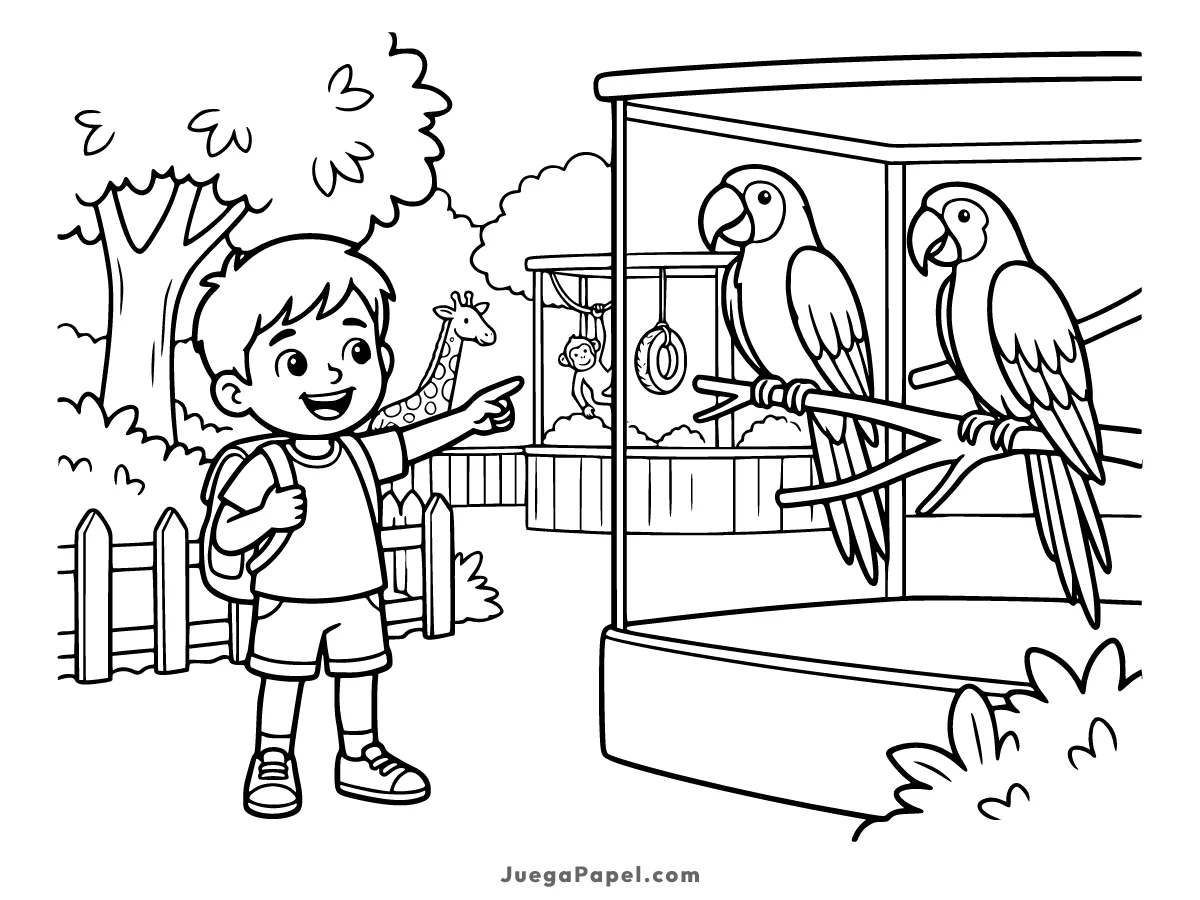 Dibujo para colorear e imprimir de Niño en el Zoo viendo Loros