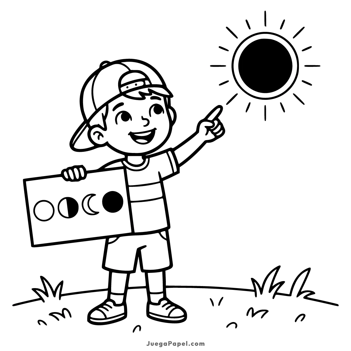 Dibujo para colorear e imprimir de Niño Explicando el Eclipse Solar