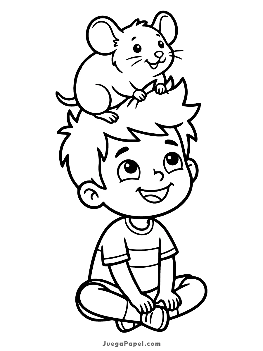 Dibujo para colorear e imprimir de Niño Feliz con un Ratoncito en la Cabeza