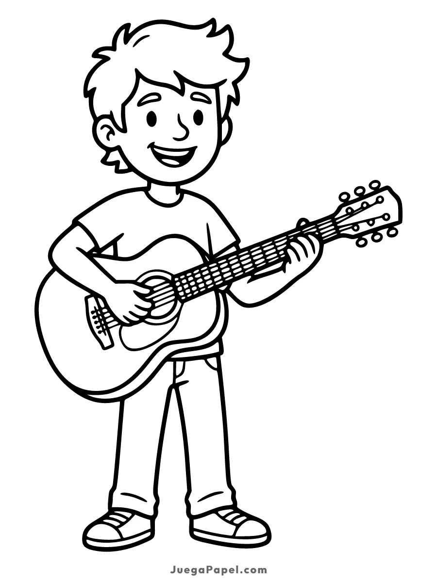 Dibujo para colorear e imprimir de Niño Feliz Tocando la Guitarra
