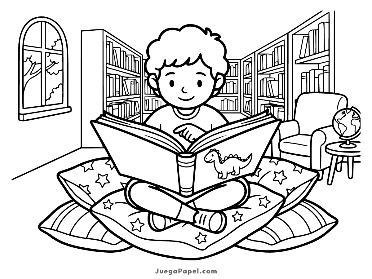 Dibujo para colorear e imprimir de Niño Leyendo en la Biblioteca