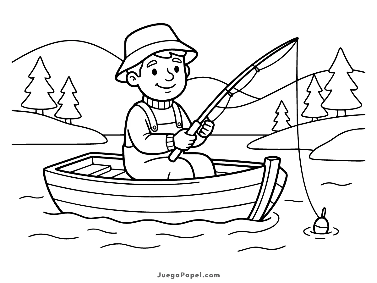 Dibujo para colorear e imprimir de Niño Pescando en Bote en el Lago