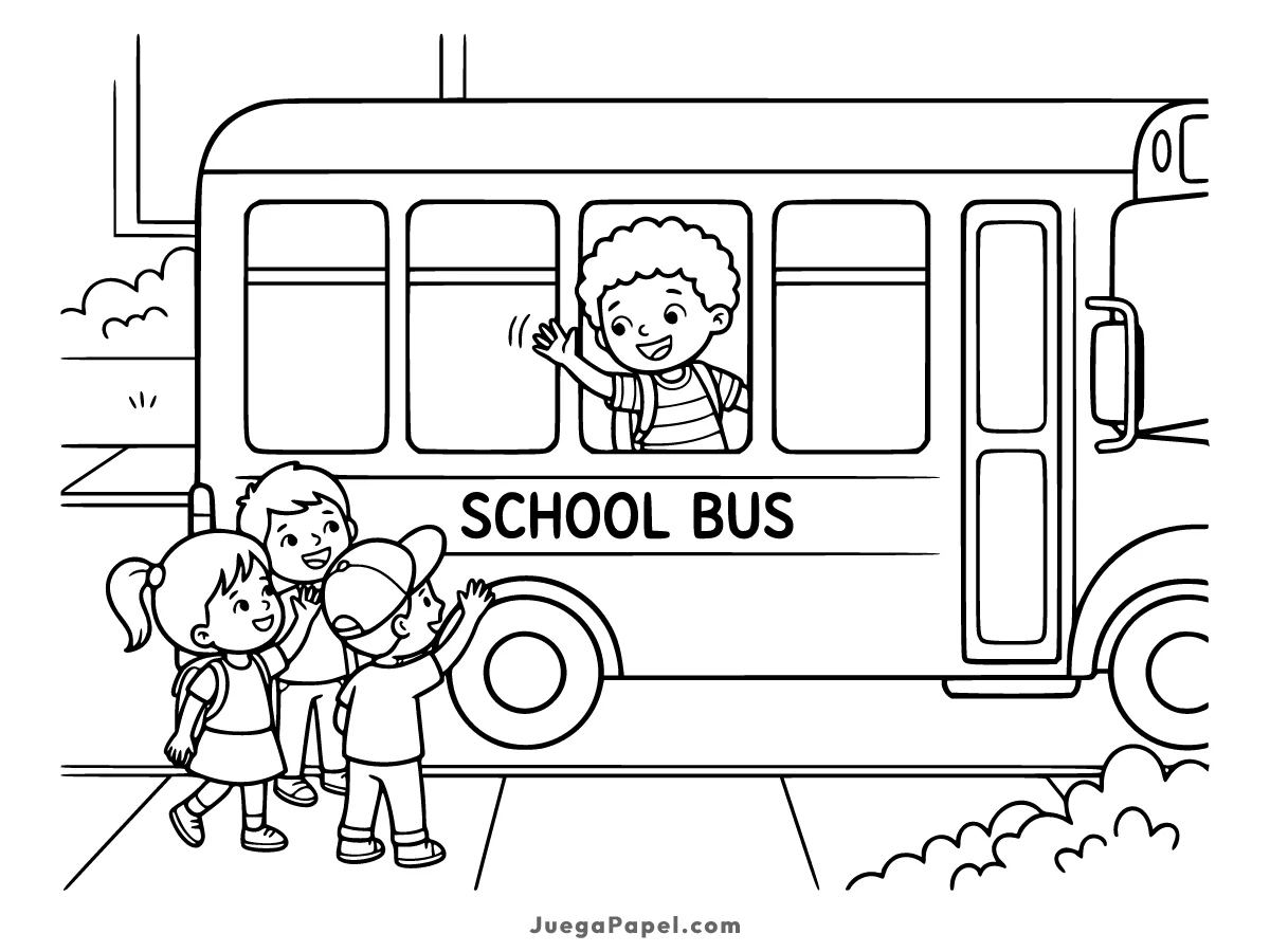 Dibujo para colorear e imprimir de Niño Saludando desde el Autobús Escolar