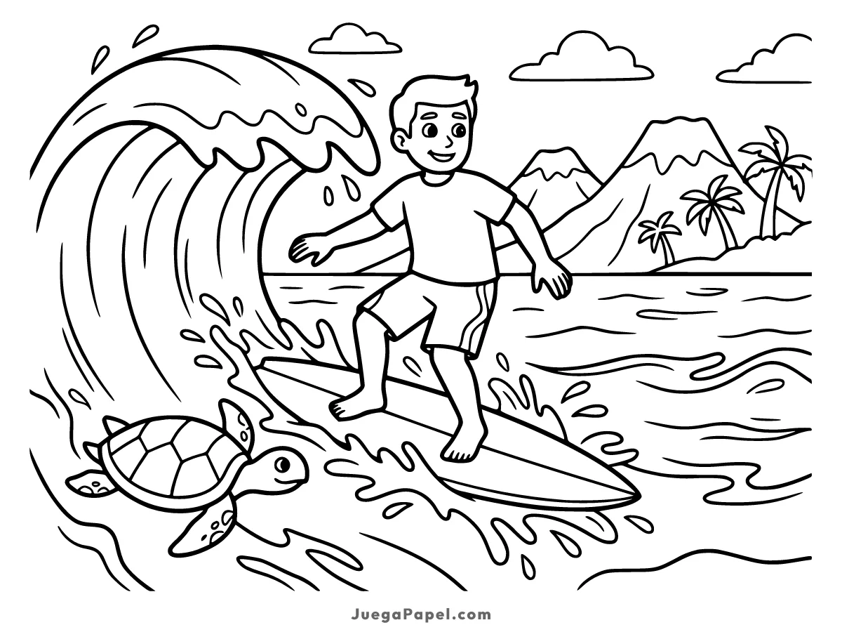Dibujo para colorear e imprimir de Niño surfeando con una tortuga marina