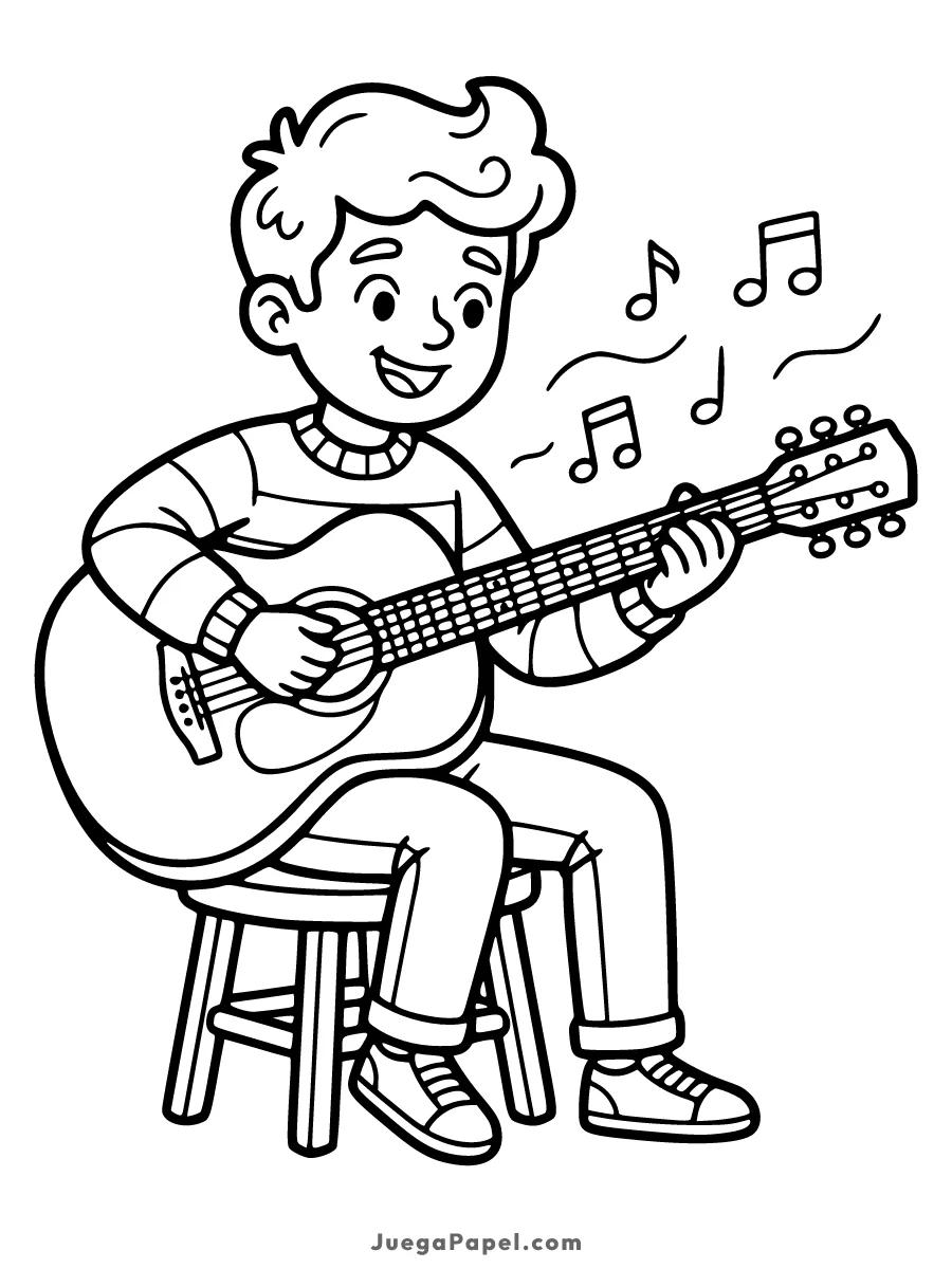 Dibujo para colorear e imprimir de Niño Tocando la Guitarra