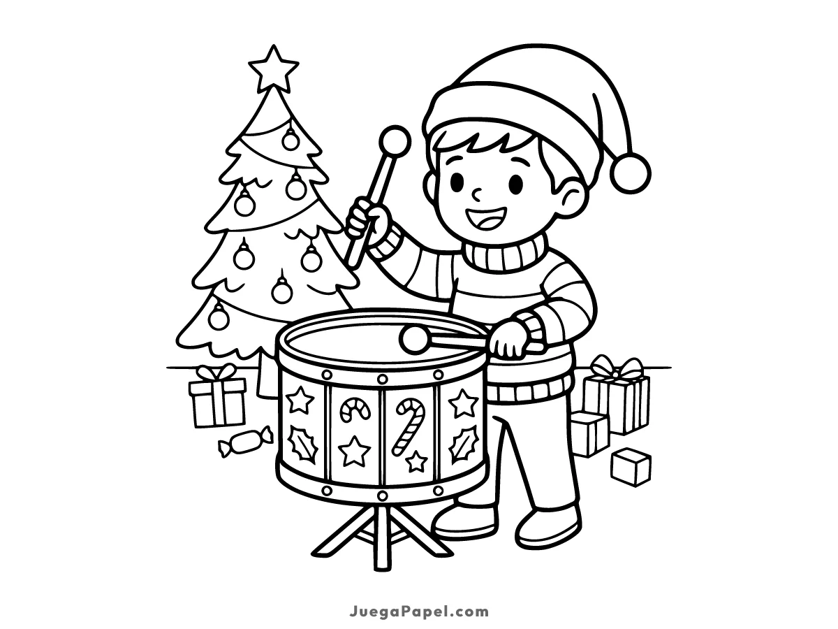 Dibujo para colorear e imprimir de Niño Tocando Tambor en Navidad