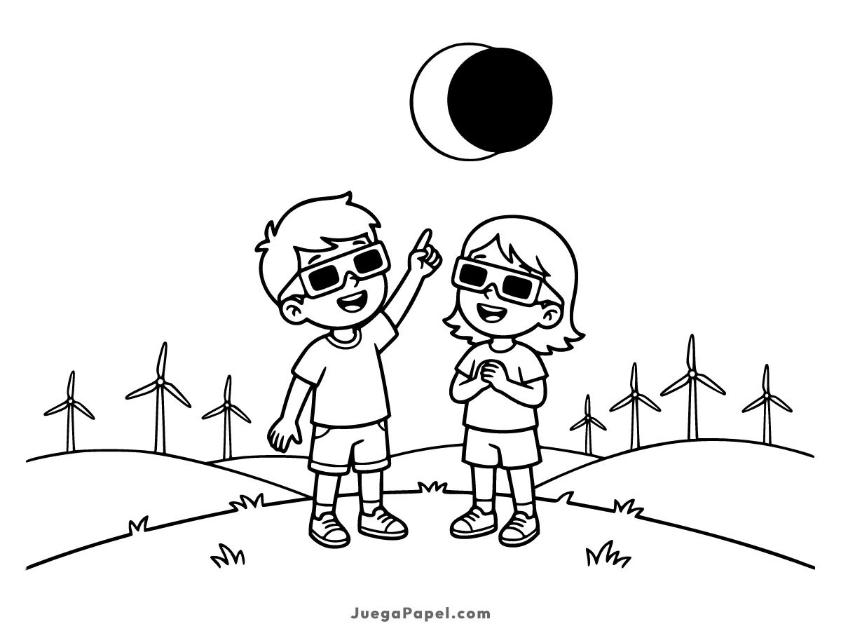 Dibujo para colorear e imprimir de Niño y Niña mirando Eclipse Solar con Gafas