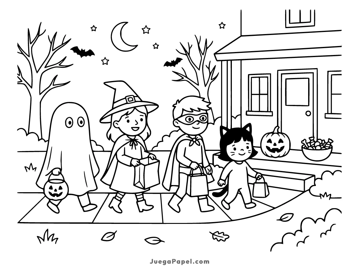 Dibujo para colorear e imprimir de Niños haciendo Truco o Trato en Halloween