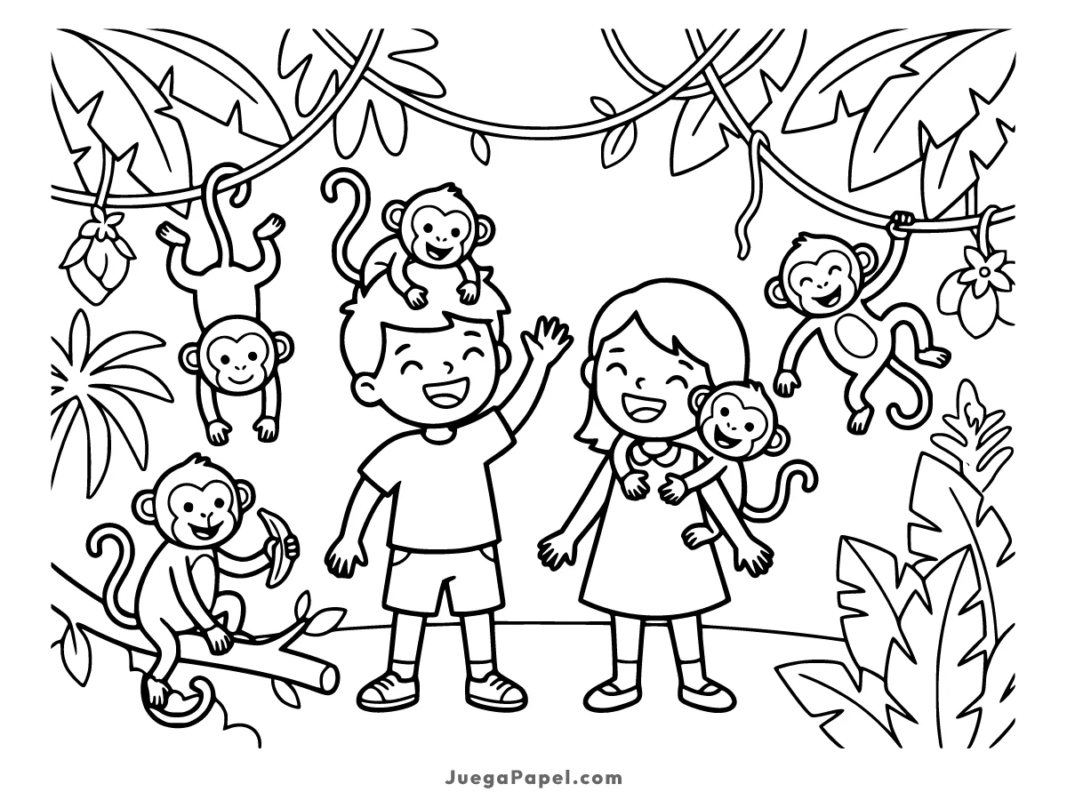 Dibujo para colorear e imprimir de Niños jugando con monos en la selva