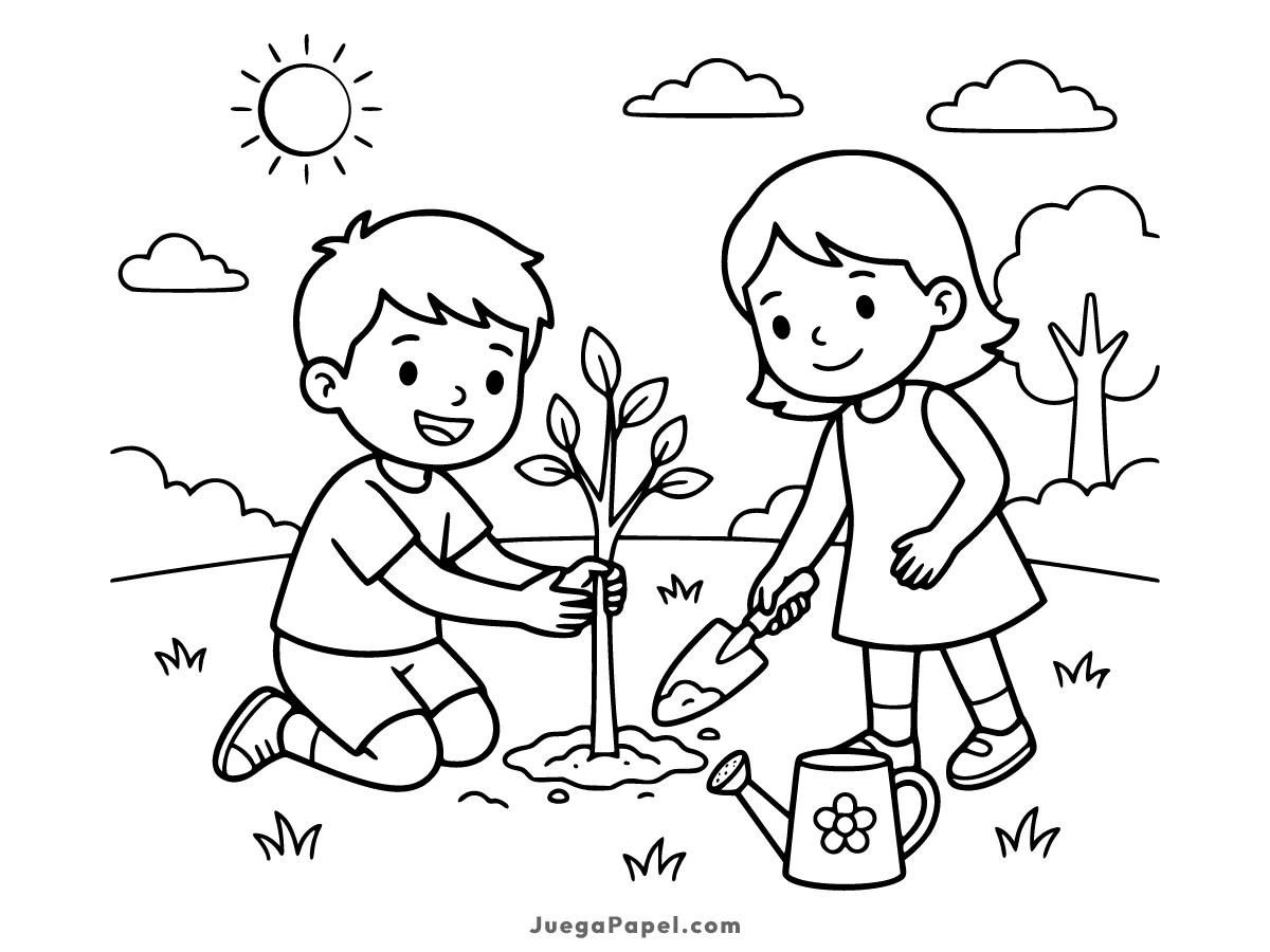 Dibujo para colorear e imprimir de Niños plantando un Árbol