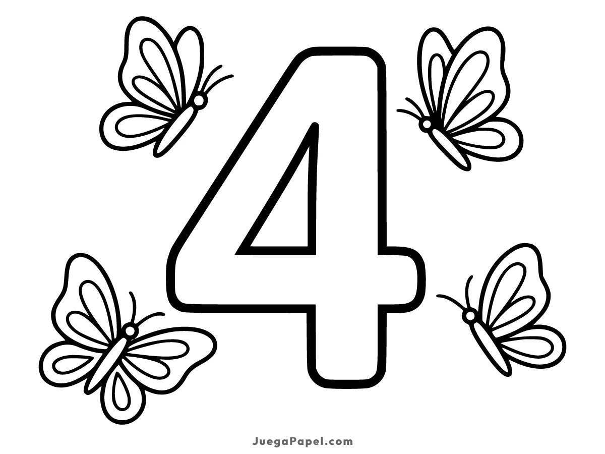 Dibujo para colorear e imprimir de Número 4 Con Mariposas