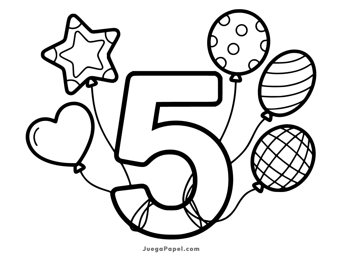 Dibujo para colorear e imprimir de Número 5 Con Globos
