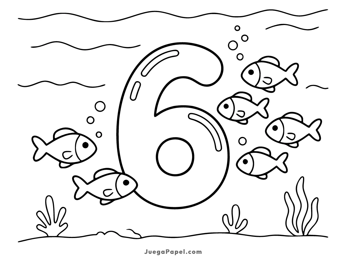 Dibujo para colorear e imprimir de Número Seis Con Peces