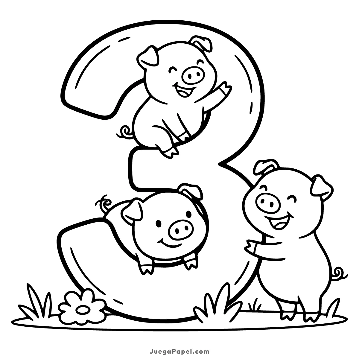 Dibujo para colorear e imprimir de Número Tres con Cerditos