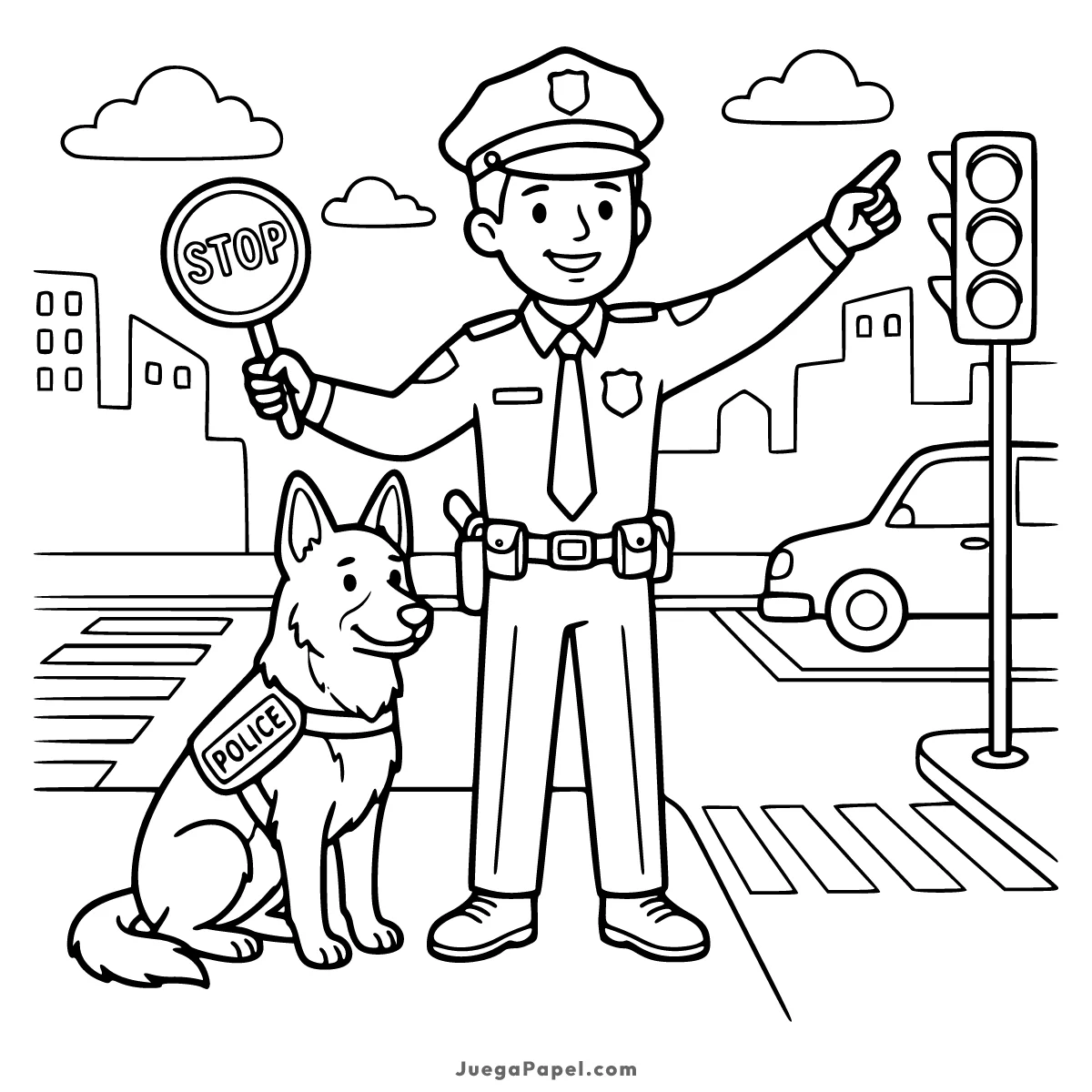 Dibujo para colorear e imprimir de Oficial de Policía y su Perro Pastor Alemán