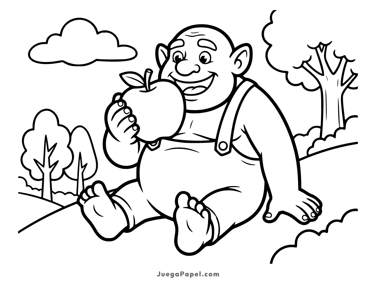 Dibujo para colorear e imprimir de Ogro comiendo Manzana
