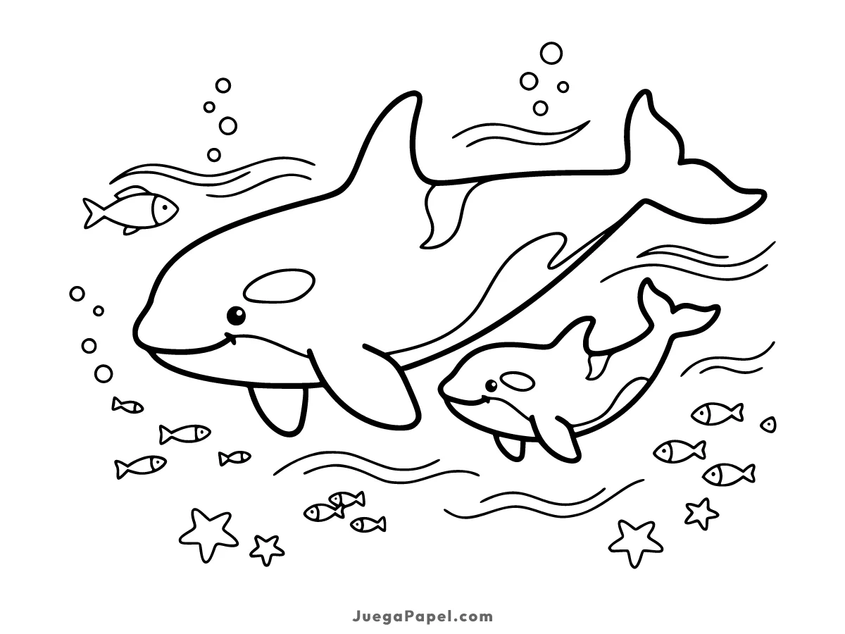 Dibujo para colorear e imprimir de Orcas Nadando entre Peces