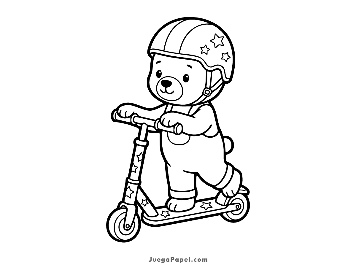 Dibujo para colorear e imprimir de Osito Montando en Patinete