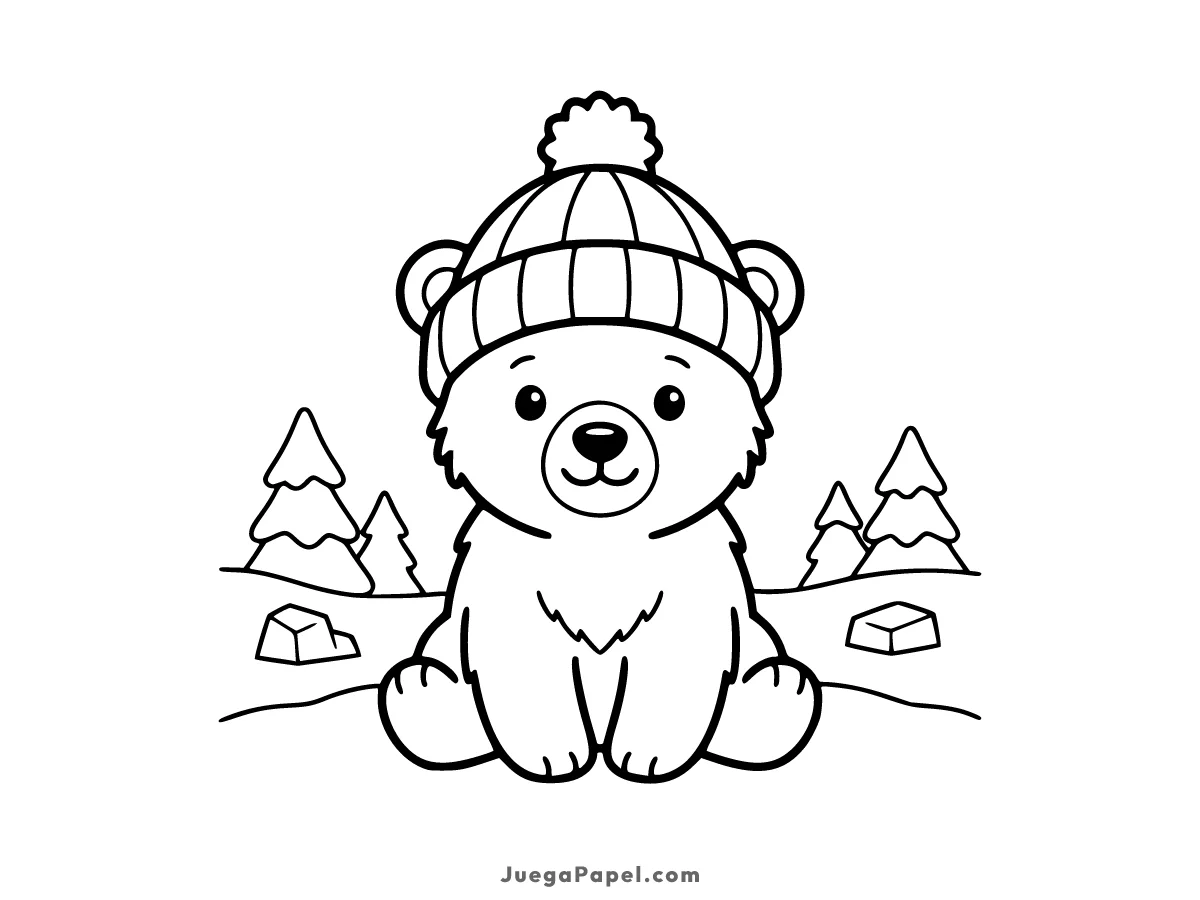 Dibujo para colorear e imprimir de Osito Polar Con Gorro en la Nieve