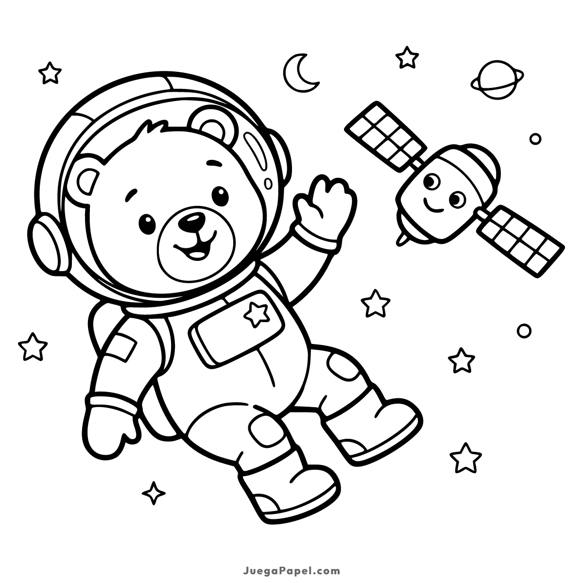 Dibujo para colorear e imprimir de Oso astronauta flotando mientras saluda a un satélite artificial