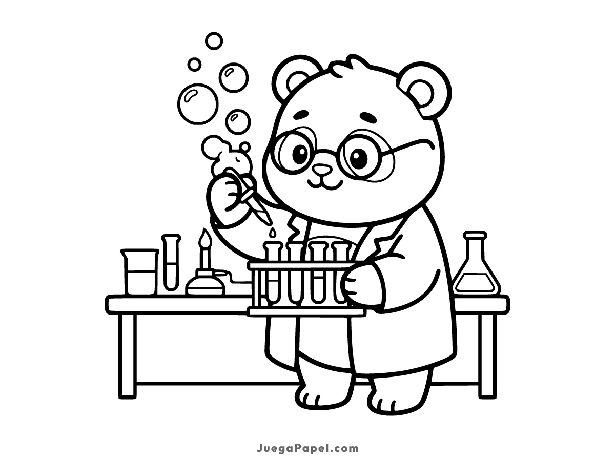 Dibujo para colorear e imprimir de Oso Panda Científico en el Laboratorio