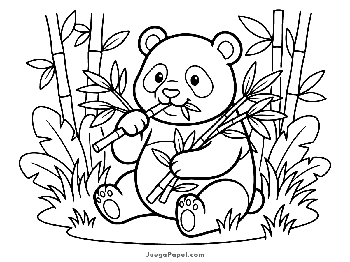 Dibujo para colorear e imprimir de Oso Panda comiendo Bambú
