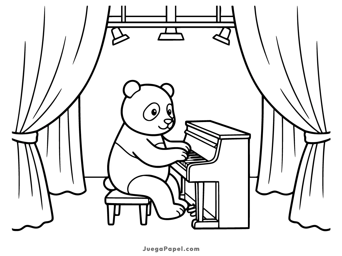 Dibujo para colorear e imprimir de Oso Panda Tocando el Piano