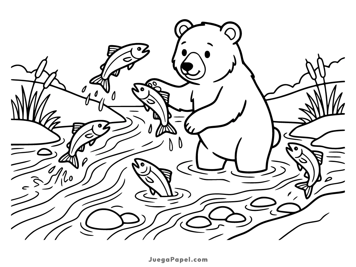 Dibujo para colorear e imprimir de Oso Pardo Pescando