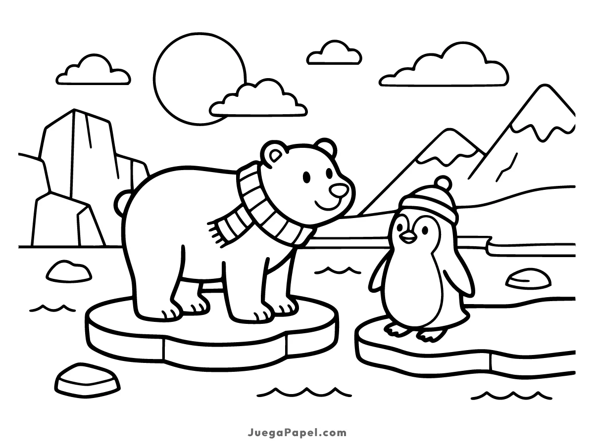 Dibujo para colorear e imprimir de Oso Polar con Pingüino
