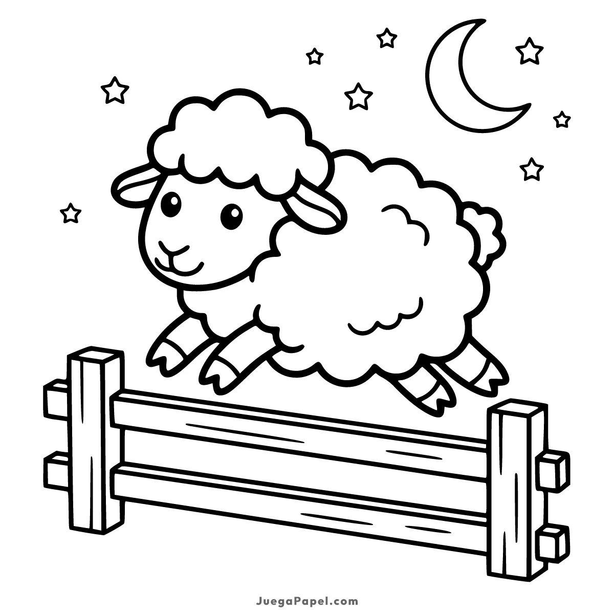 Dibujo para colorear e imprimir de Oveja Saltando la Valla por la Noche
